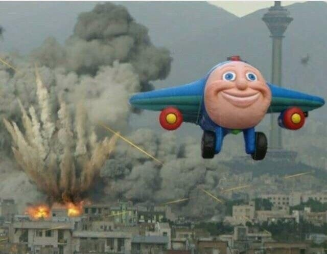 Sticker template meme jay jay the plane avion explosion guerre bombes ville sourire dessin anime enfant detruit bombardement ironie reaction par risibot