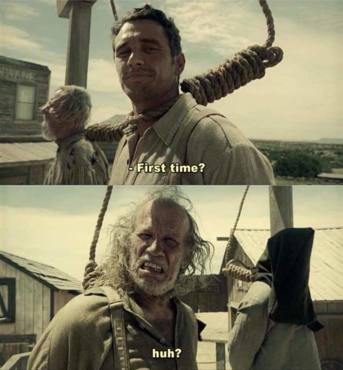 Sticker template meme james franco first time pendu corde western premiere fois pendaison bourreau huh cowboy mort supplice reaction par risibot