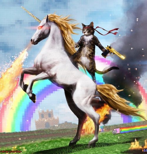 Sticker template meme welcome to the internets licorne chat guerrier arc en ciel rainbow unicorn bienvenue sur internet epique gun feu delire chat ninja fantastique par risibot