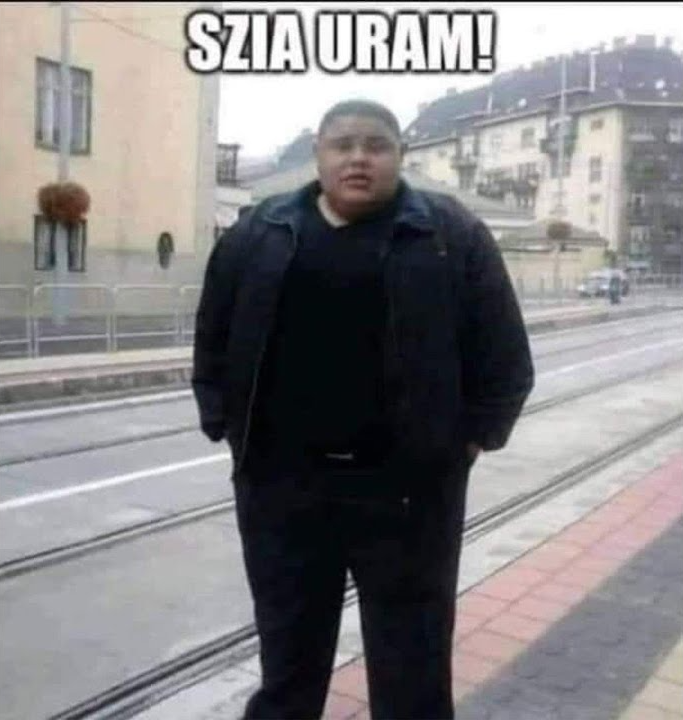 Sticker template meme szia uram hongrois hongrie bonjour monsieur mec gros gars enorme homme noir en noir rue insolite salut tram bonjour par risibot