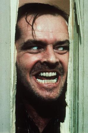 Sticker template meme heres johnny the shining shining jack nicholson folie porte hache film horreur fou sourire psychopathe stanley kubrick coucou par risibot