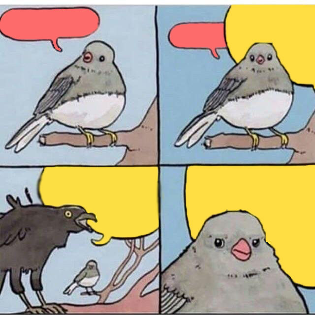 Sticker template meme annoyed bird oiseau corbeau interruption ferme la gene agace coupe la parole bruit enerve jaune bulle cri insupportable par risibot