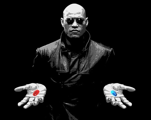Sticker template meme morpheus matrix pilule bleue pilule rouge blue pill red pill choix verite realite neo lunettes laurence fishburne illusion par risibot