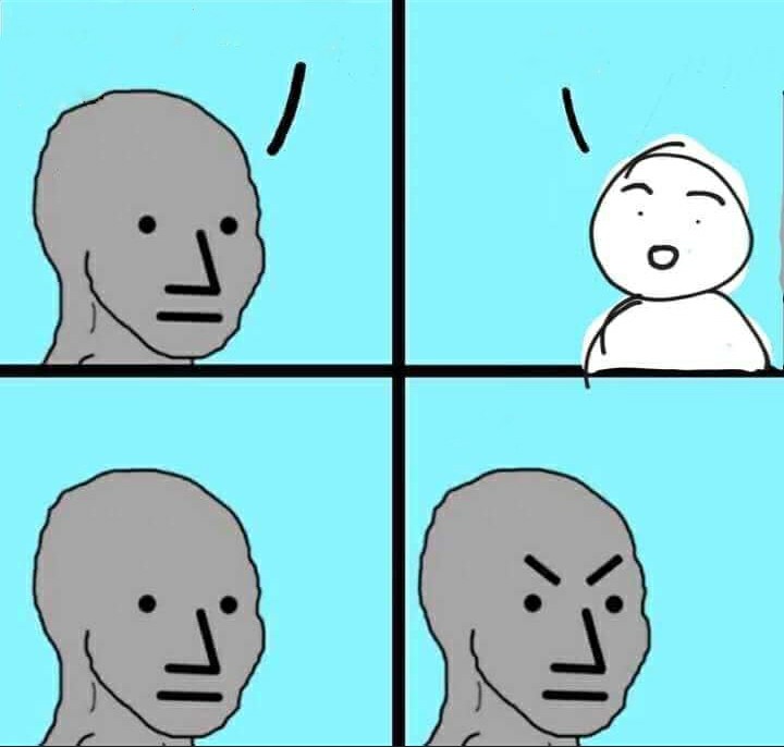 Sticker template meme npc wojak gris robot dialogue colere enerve idiot suit le troupeau mouton cons moutons reaction rage par risibot