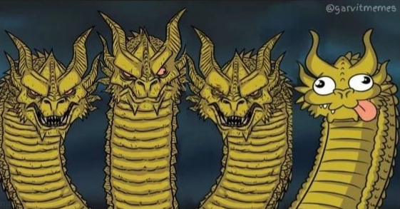 Sticker template meme four headed dragon dragon quatre tetes dragon bizarre stupide dragon leger debile derp la tete droite roi ghidorah cretin reaction drole humour par risibot