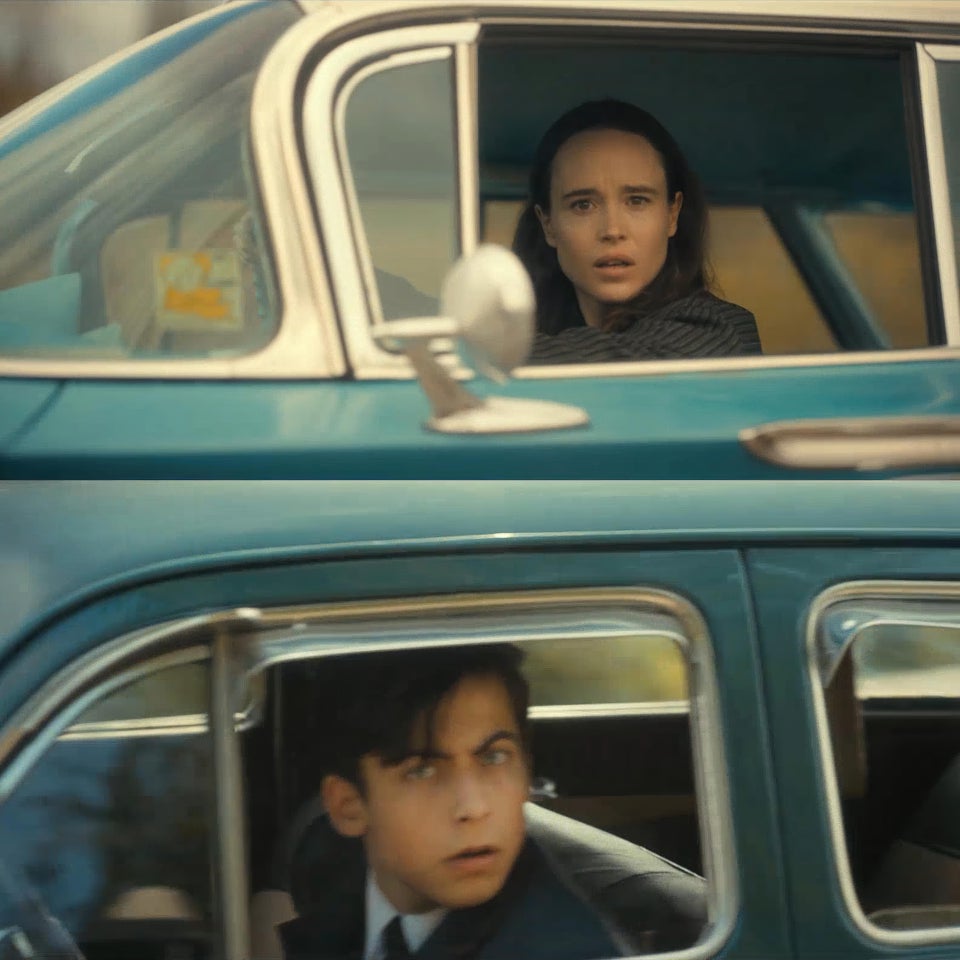 Sticker template meme umbrella academy numero cinq five vaisseau voiture serie netflix regard surpris inquiet ellen page frere soeur danger par risibot