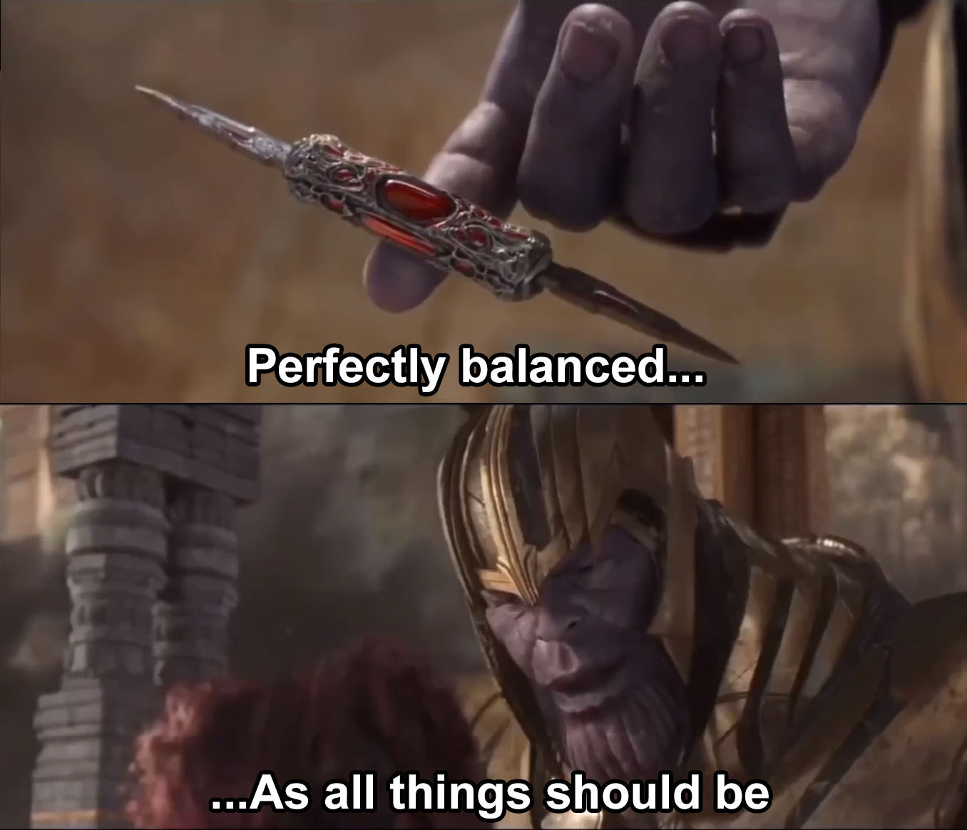 Sticker template meme thanos perfectly balanced equilibre parfait equilibre infinity war marvel poignard thanos snap balance mauvais allie reaction drole humour par risibot