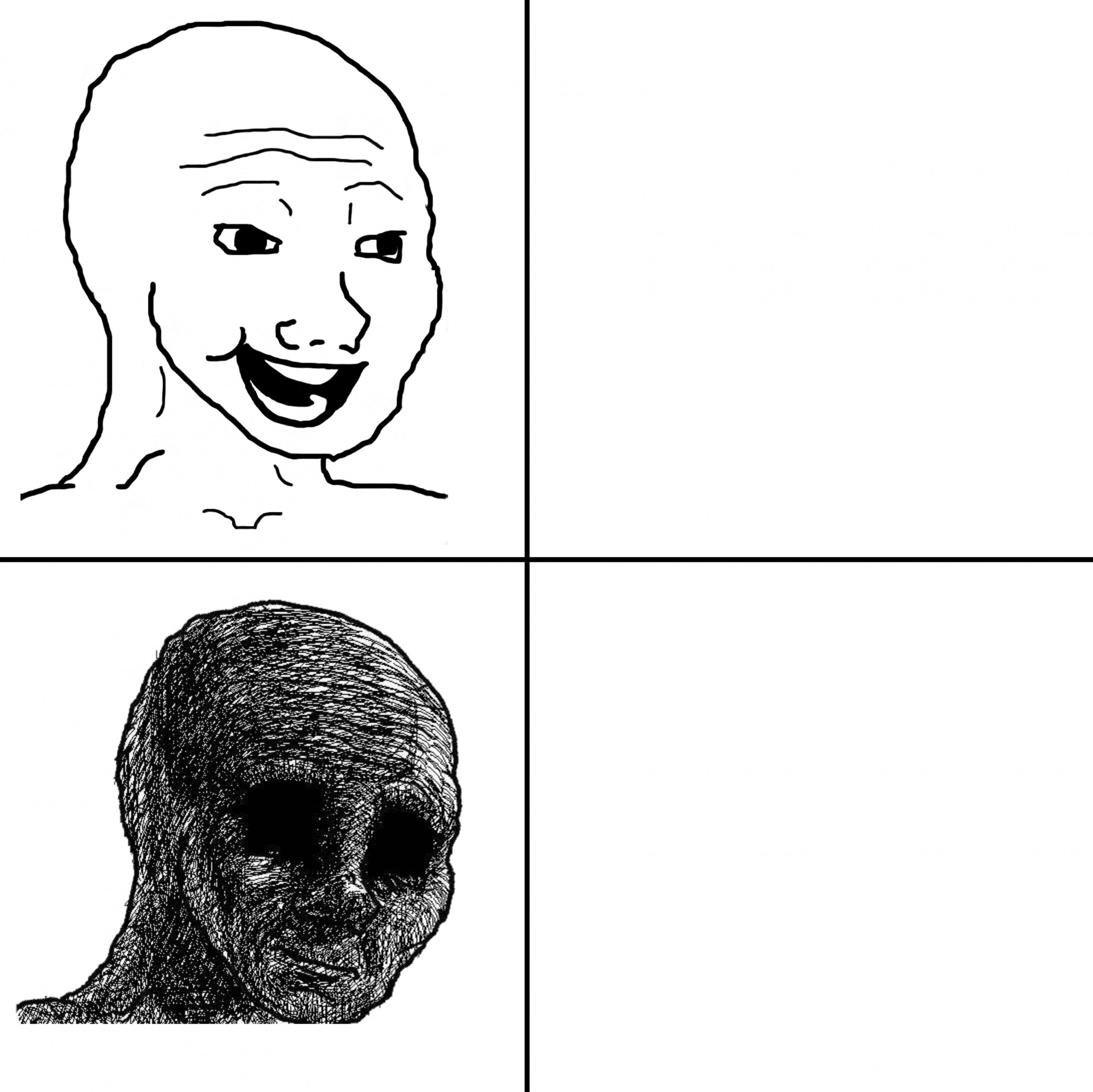 Sticker template meme happy wojak depressed wojak wojak heureux deprime avant apres comparaison triste vs coeur noir tableau reaction drole par risibot