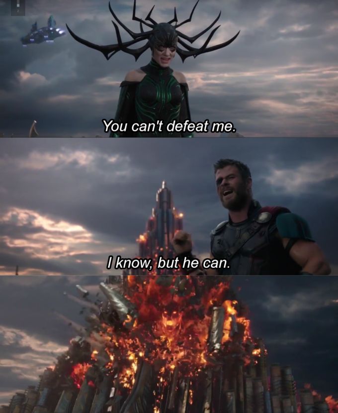 Sticker template meme you cant defeat me thor hela ragnarok tu ne peux pas me vaincre je sais mais lui peut combat marvel boss reaction drole humour par risibot