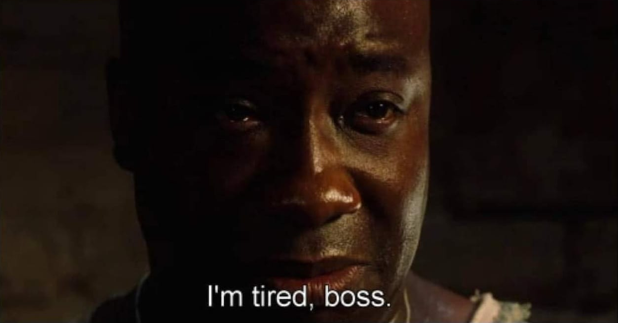 Sticker template meme tired boss je suis fatigue patron green mile john coffey epuise pleure larmes lassitude fatigue epuisement reaction drole par risibot
