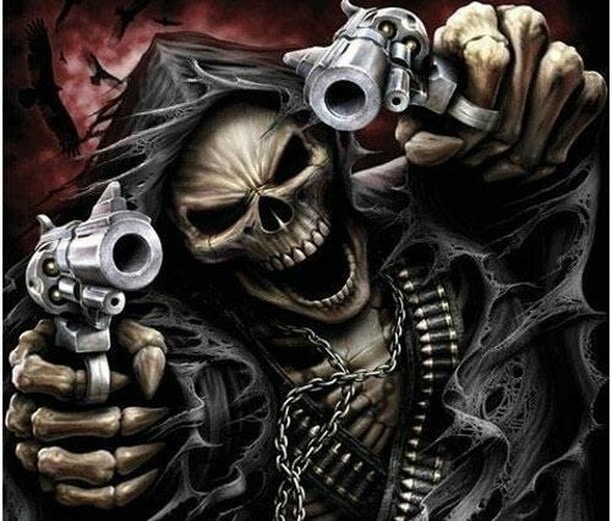 Sticker template meme badass skeleton squelette pistolets armes faucheuse mort dur a cuire metal flingues cool agressif reaction drole par risibot