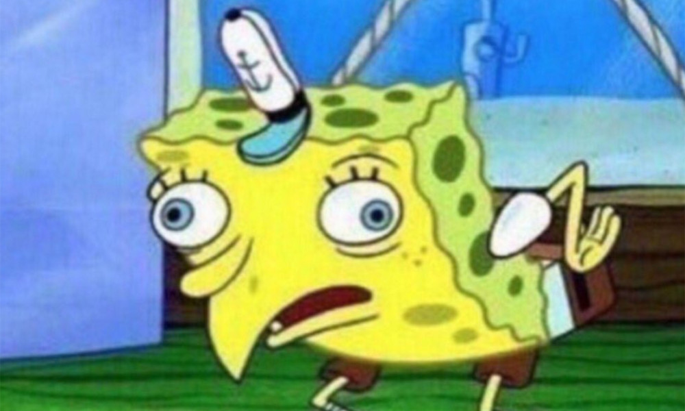 Sticker template meme mocking spongebob spongebob stupid bob eponge moquerie se moque imite poule mouillee ironie debile sarcasme reaction drole par risibot