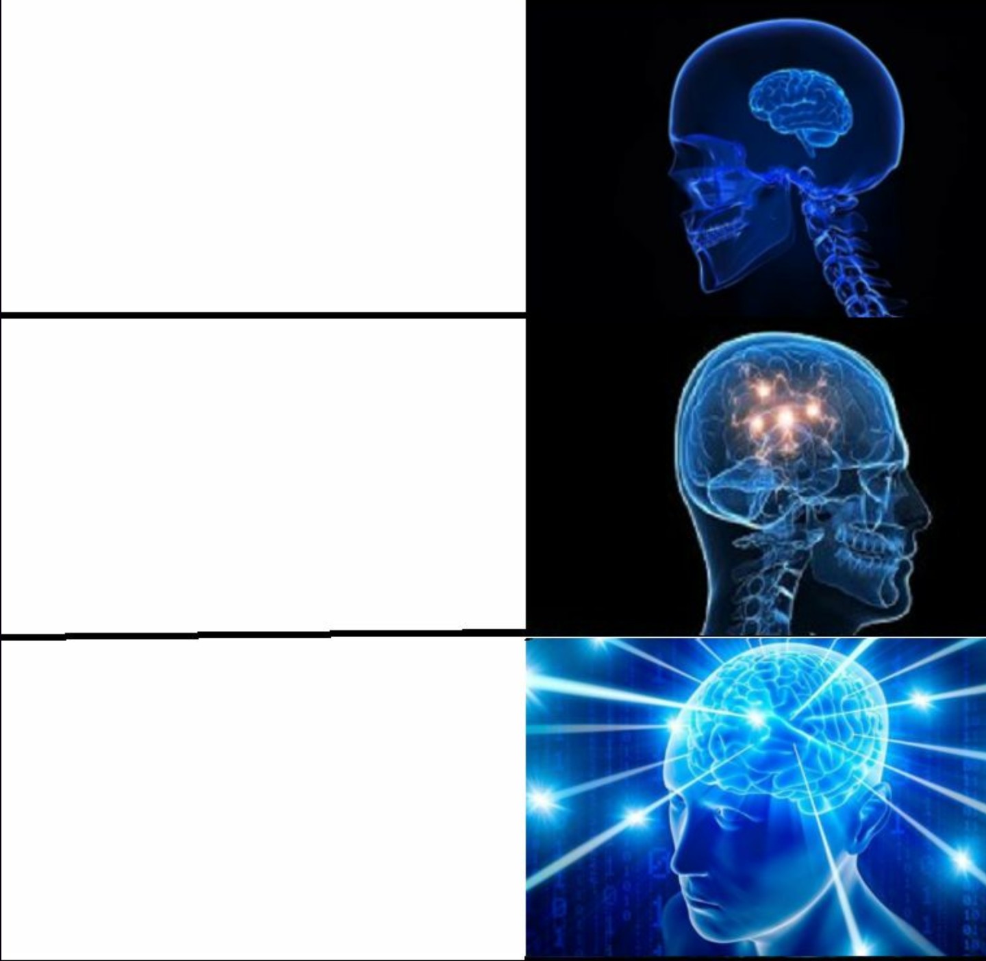 Sticker template meme galaxy brain cerveau intelligence niveaux evolution expanding brain cerveau lumineux genie idee trois etapes reaction drole par risibot