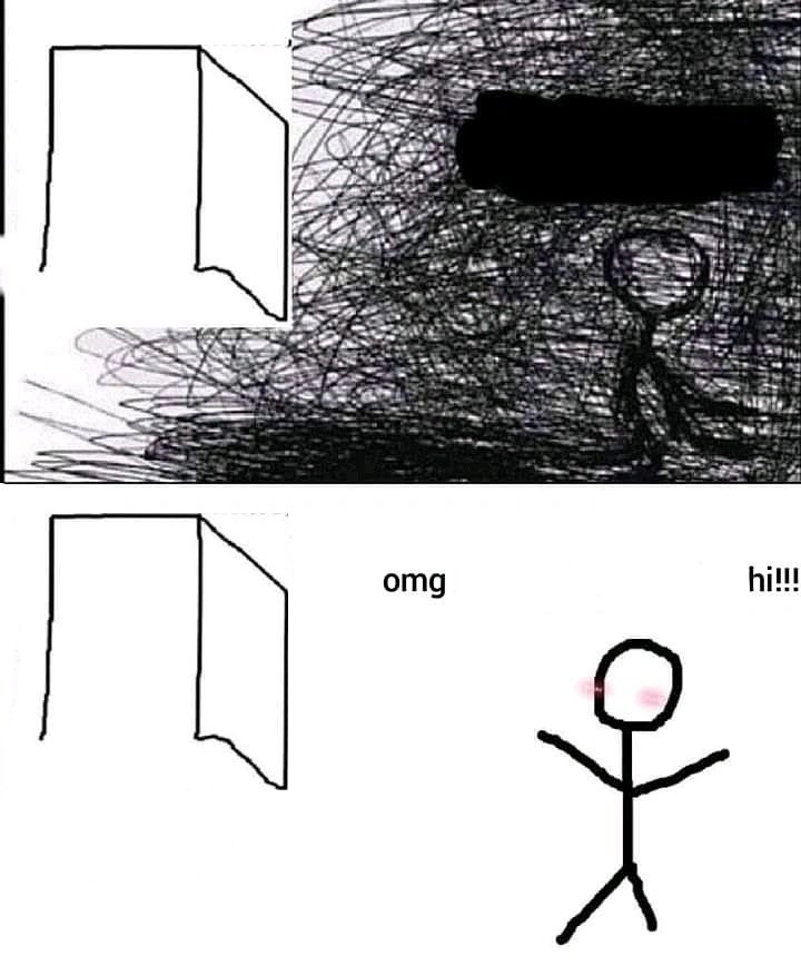 Sticker template meme omg hi omg salut dessin bonhomme porte sombre ouvre la porte surprise excite bonjour bizarre noir reaction par risibot