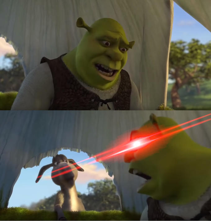 Sticker template meme shrek five minutes ane laser yeux rouges ogre dreamworks cinq minutes film jeu de yeux effrayant ane laser reaction par risibot