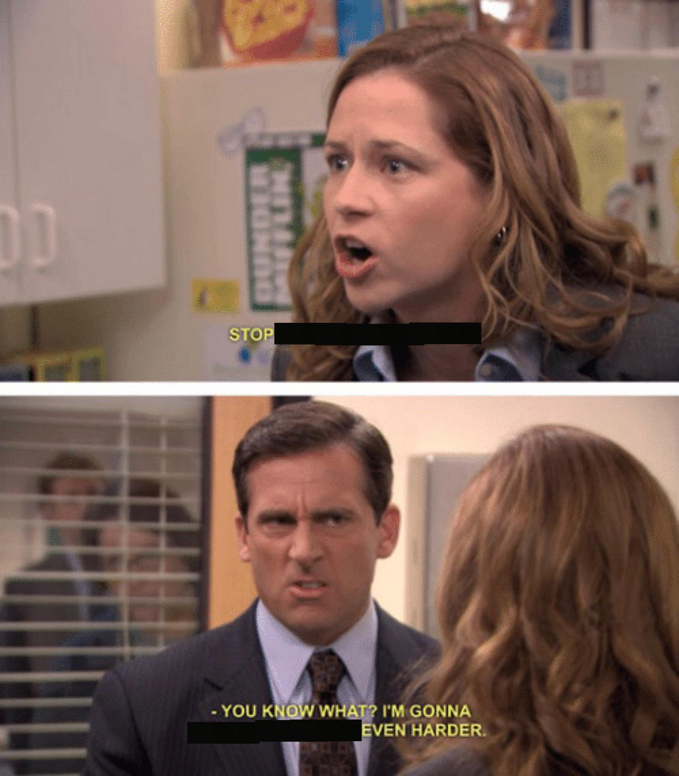 Sticker template meme even harder the office michael scott pam course folle ca sera plus fort encore je vais travailler plus serie bureau even harder office michael par risibot