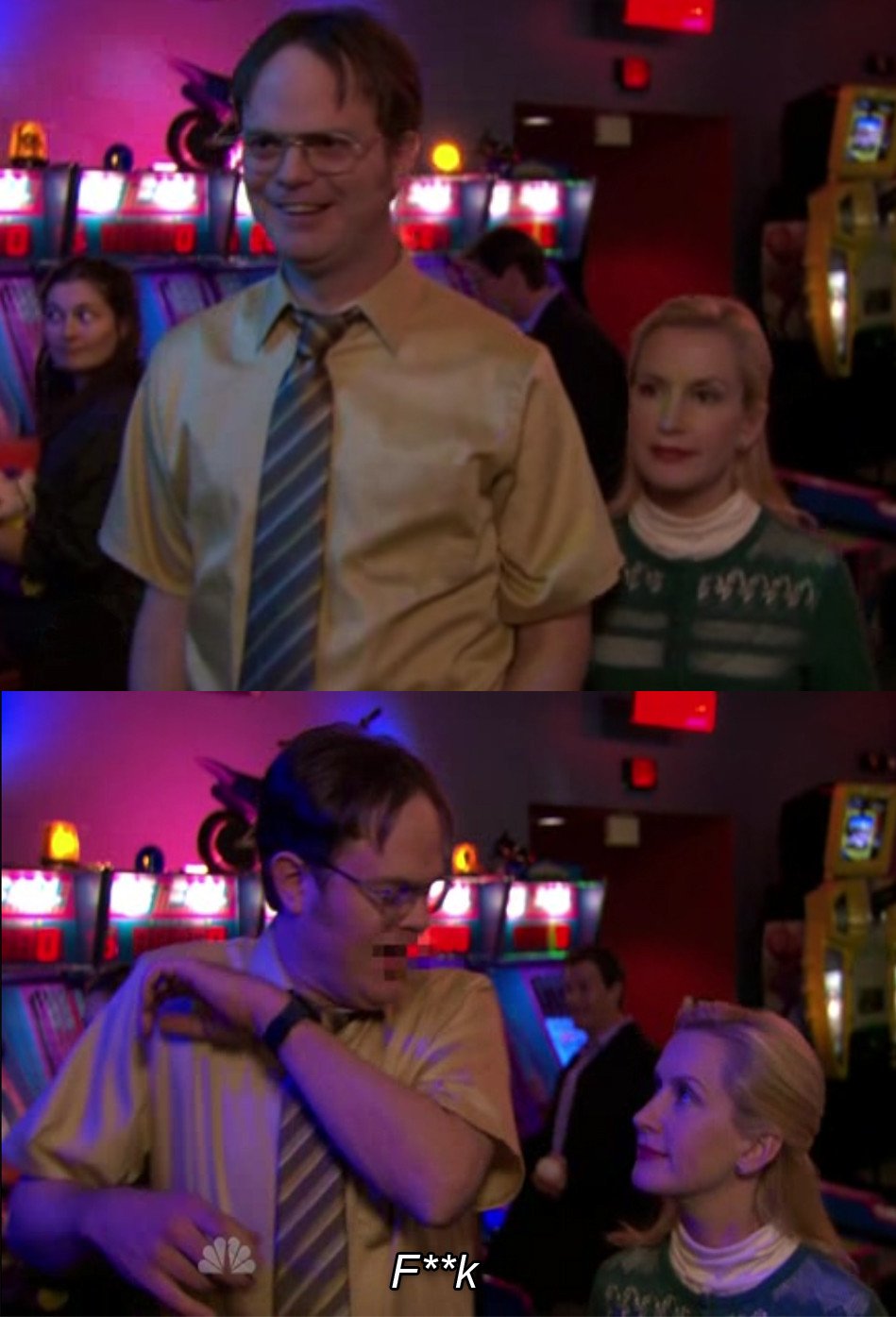 Sticker template meme angela scared dwight dwight angela the office peur effraye salle de jeux serie bureau reaction choc scared office par risibot