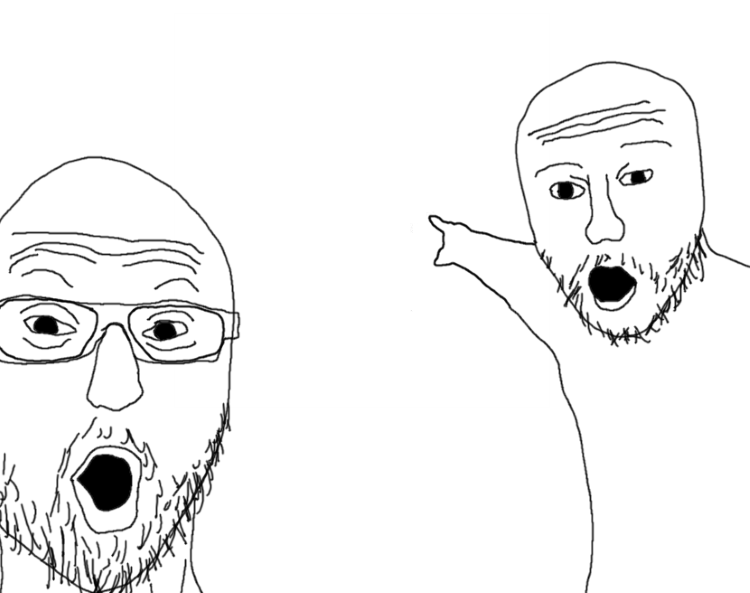 Sticker template meme soyjak pointing pointe doigt wojak surpris bouche ouverte cri barbe lunettes nerd reaction bouche par risibot
