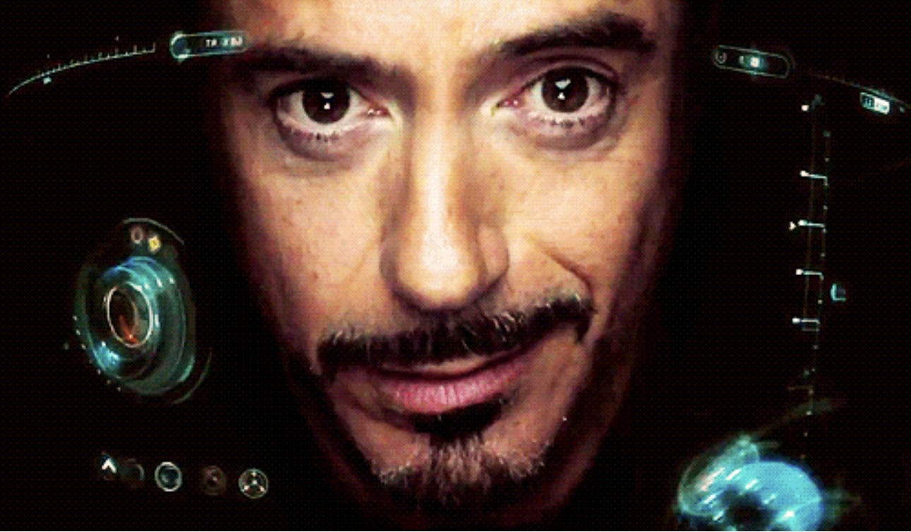 Sticker template meme jarvis iron man tony stark visage ordinateur robert downey jr close up regard sarcastique ia assistant yeux iron par risibot