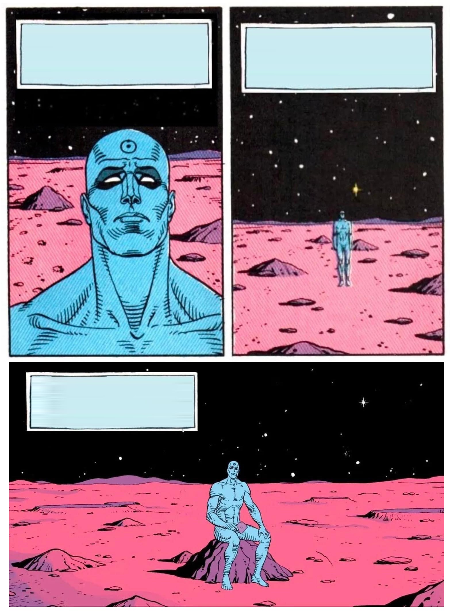 Sticker template meme doctor manhattan 1985 watchmen docteur manhattan bleu mars bulles comic nous sommes en blanc dr manhattan doctor manhattan par risibot