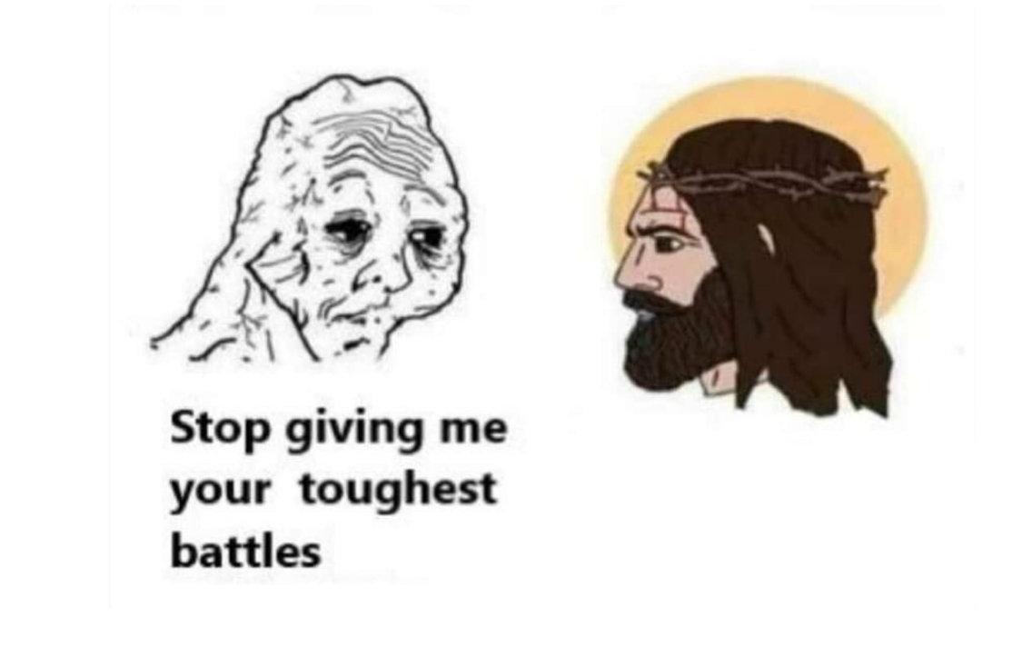Sticker template meme jesus christ combats fardeau fatigue wojak epreuve souffrance chagrin priere reaction humour drole par risibot