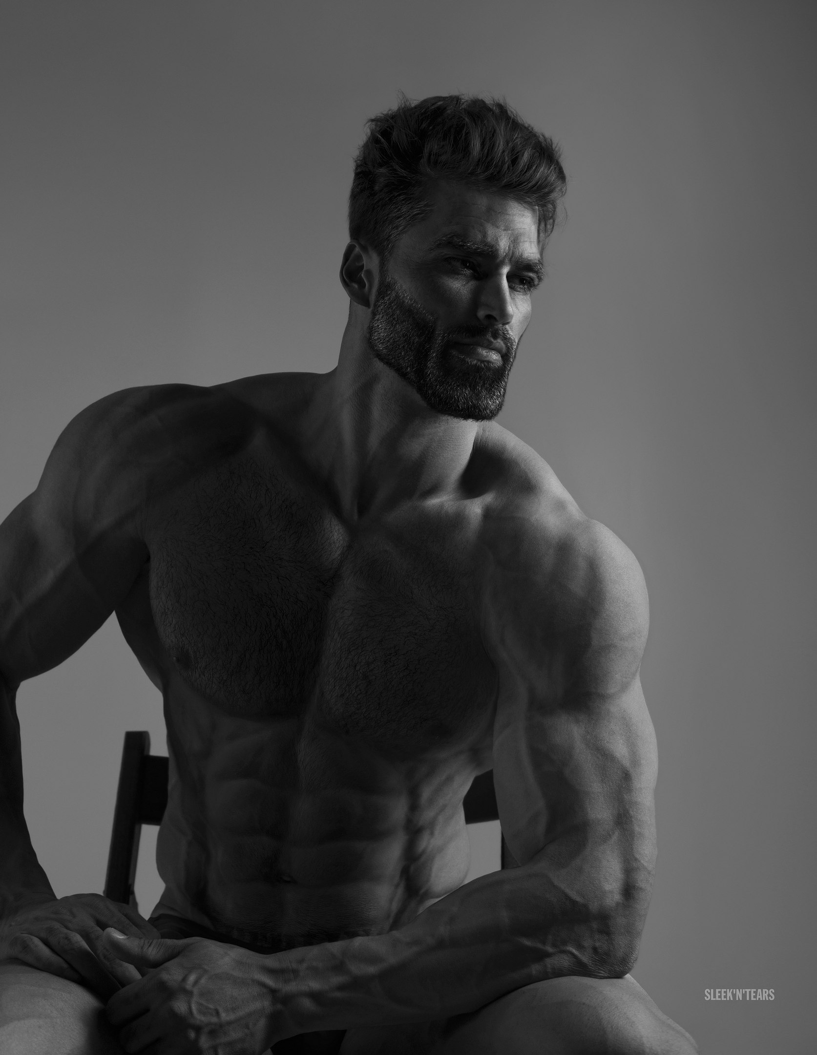 Sticker template meme giga chad gigachad chad musclee beau homme alpha sigma masculin musculation mannequin noir et blanc sommet par risibot
