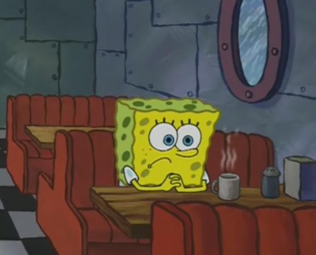 Sticker template meme spongebob waiting bob eponge attend patience seul triste cafe krusty krab ennui personne vide solitude spongebob par risibot