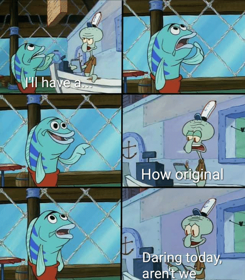 Sticker template meme daring today squidward carlo poisson comic sans original pas original audacieux aujourd hui bob eponge restaurant commande ironie par risibot