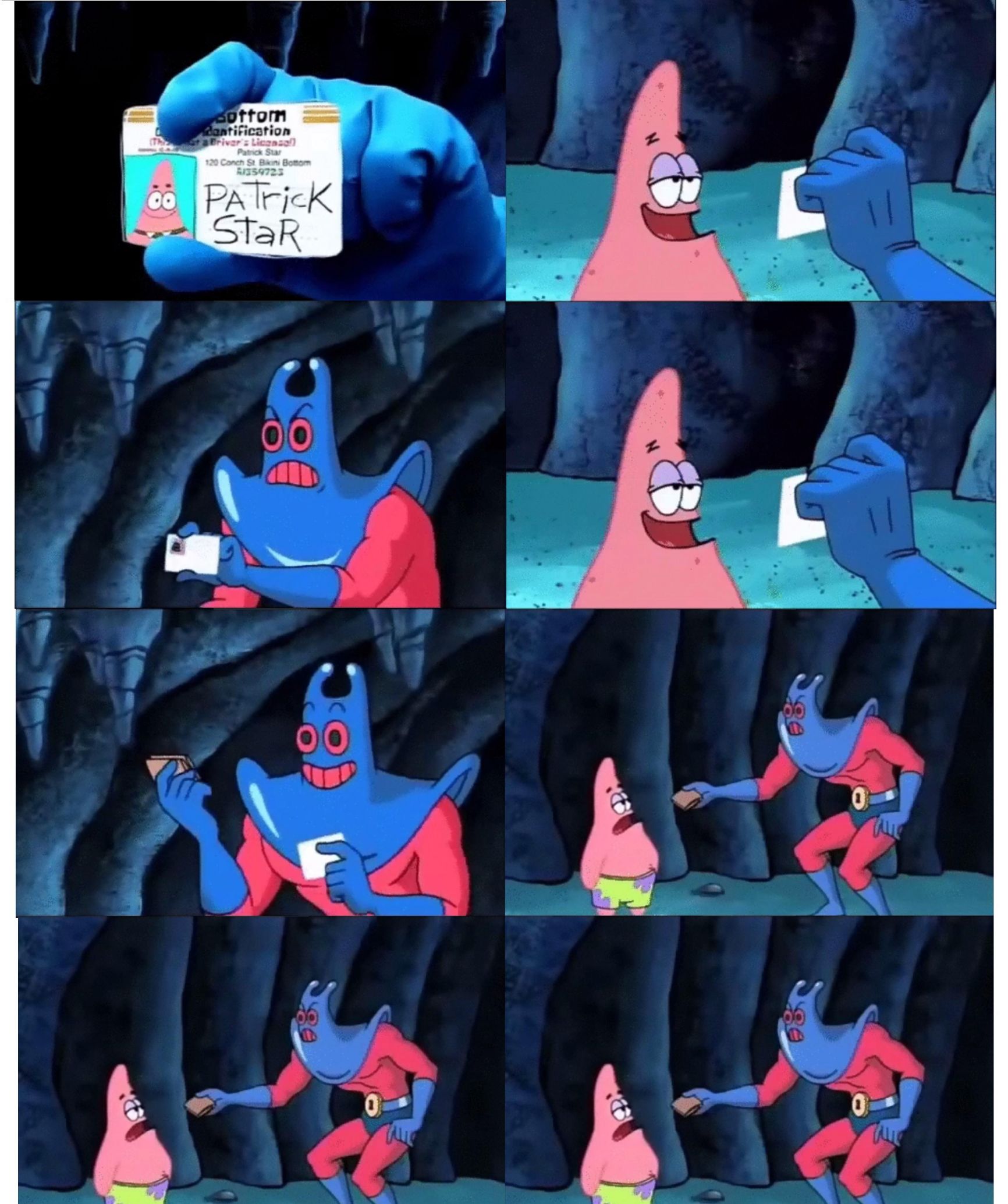 Sticker template meme patrick not my wallet bobleponge portefeuille carte d identite patrick star voleur super heros homme bleu pas moi vol wallet eponge par risibot