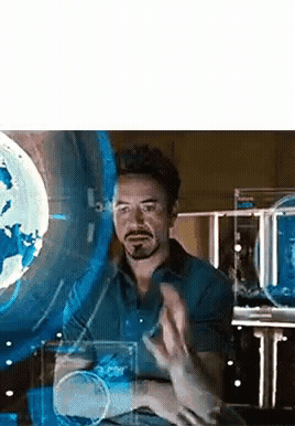 Sticker template meme tony stark discovers new element gif animation iron man robert downey jr hologramme decouverte science marvel genie eureka tony par risibot