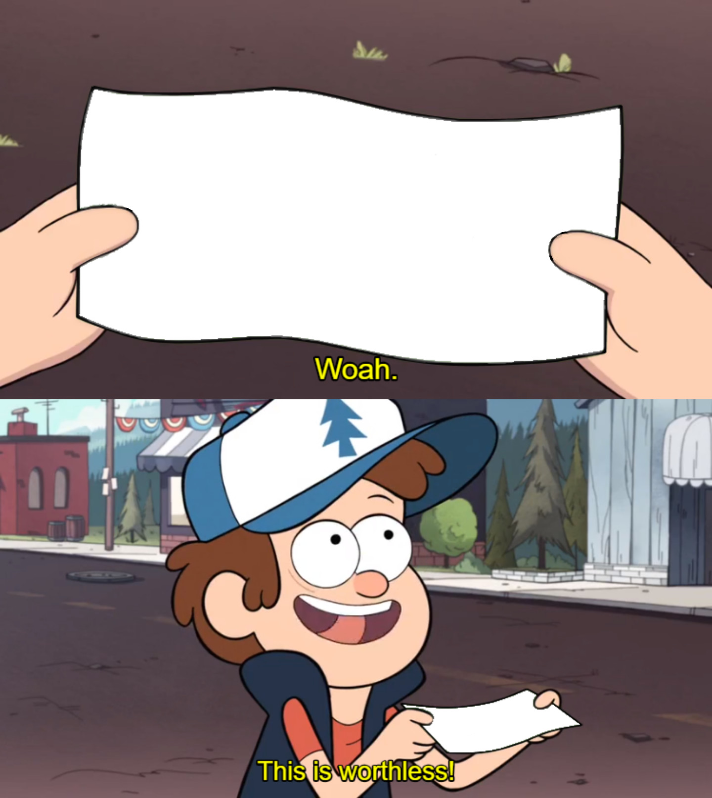 Sticker template meme this is worthless gravity falls dipper feuille blanche ca vaut rien sans valeur nul content dessin anime papier vide ironie worthless par risibot