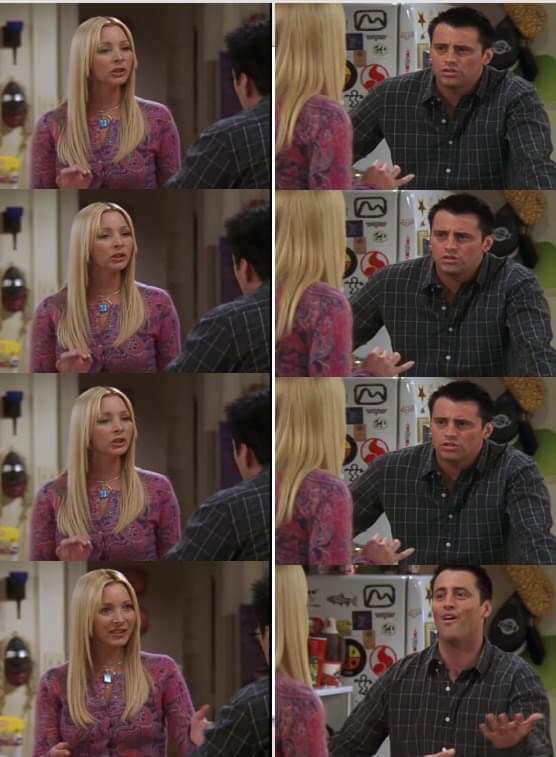 Sticker template meme phoebe joey friends serie tv explique ne comprend pas confusion discussion absurde sitcom betise incomprehension phoebe buffay phoebe par risibot