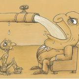 Sticker template meme fat man drinking from pipe tuyau eau soif grenouille inegalite riche pauvre exploitation dessin politique caricature injustice par risibot