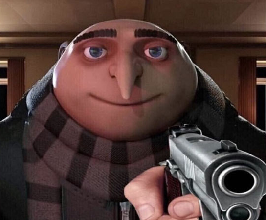 Sticker template meme gru gun moi moche et mechant despicable me pistolet menace sourire arme braque dessin anime braquage minions moche mechant par risibot