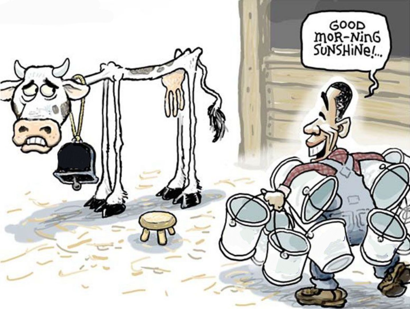 Sticker template meme milking the cow vache lait traite obama bonjour exploite epuise fermier dessin politique caricature argent milking par risibot