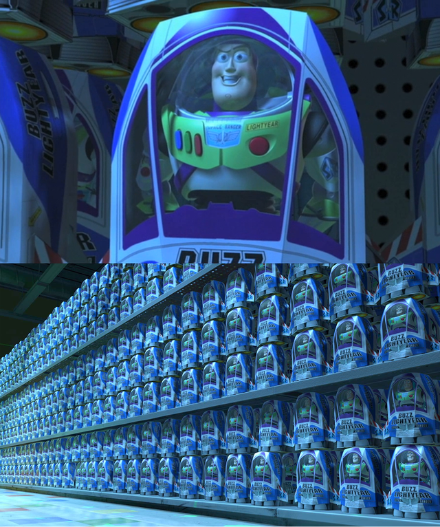 Sticker template meme buzz lightyear clones toy story jouets etagere magasin identiques copies pixar produit de masse boite beaucoup buzz par risibot