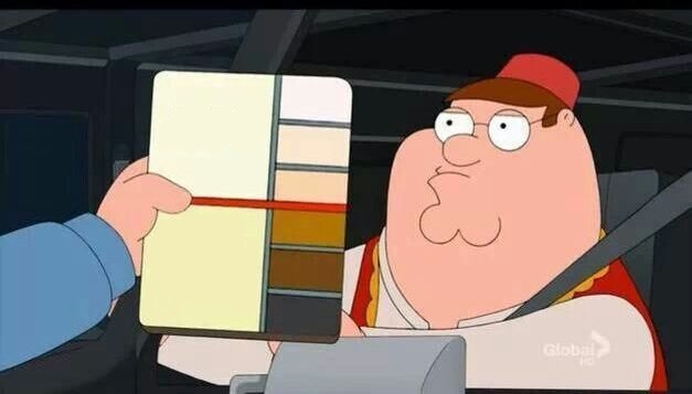Sticker template meme peter griffin skin color chart race terrorist family guy couleur de peau nuancier racisme controle voiture humour noir arabe par risibot