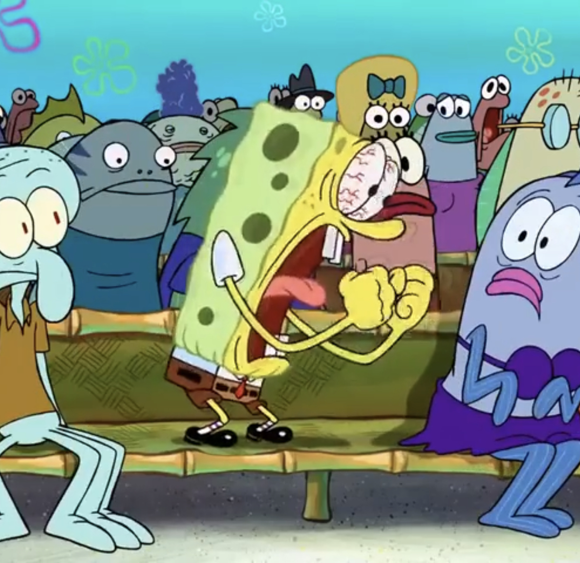 Sticker template meme bobleponge cri hurle colere crie rage furieux salle foule bagarre bikini bottom spongebob yelling bob eponge hurle par risibot