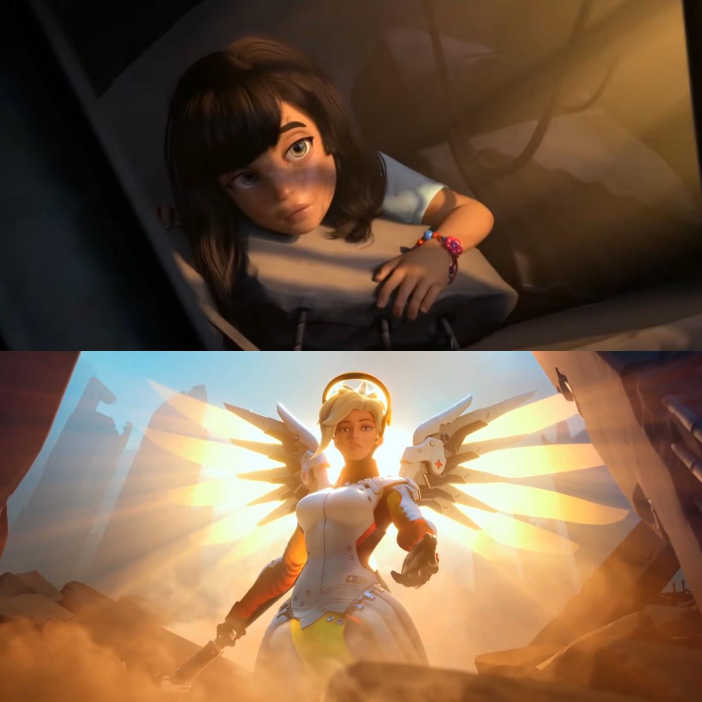 Sticker template meme overwatch mercy ange sauveur lumiere jeu video sauvetage pharah arrivee heroine mercy meme blizzard heroes never die par risibot
