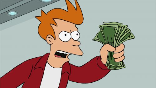 Sticker template meme fry futurama shut up and take my money prends mon argent argent billets achat vouloir acheter envie liasse take my money reaction par risibot