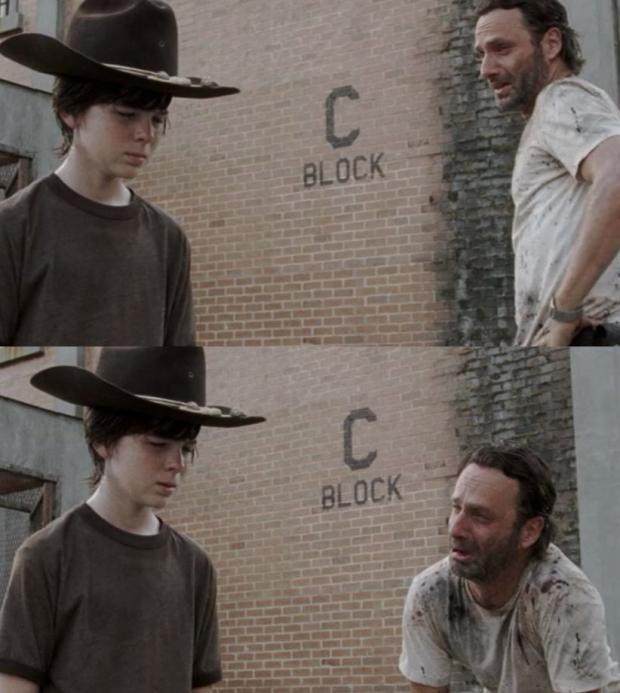 Sticker template meme rick grimes carl walking dead the walking dead c block serie zombies pere fils enfant chapeau histoire rick et carl par risibot