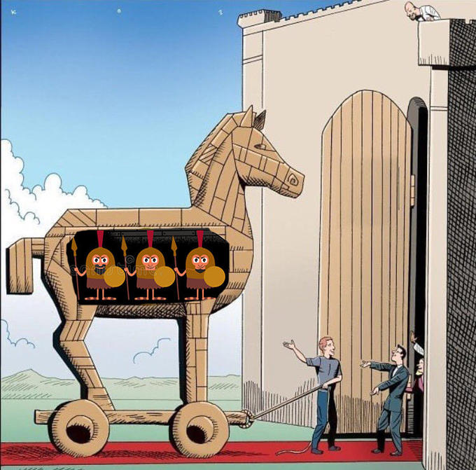 Sticker template meme cheval de troie troie troyens infiltration piege ruse virus dessin dinde soldats cadeau trojan horse malware par risibot