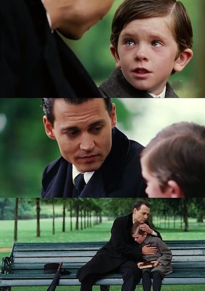 Sticker template meme finding neverland johnny depp enfant banc banc public reconfort pere triste scene film console peter pan neverland par risibot