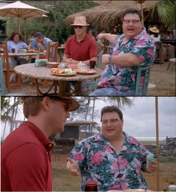 Sticker template meme jurassic park nedry dennis hawaienne ouvre les yeux personne s en fout ignore indifference regardez plage see nobody cares dennis nedry wayne knight par risibot