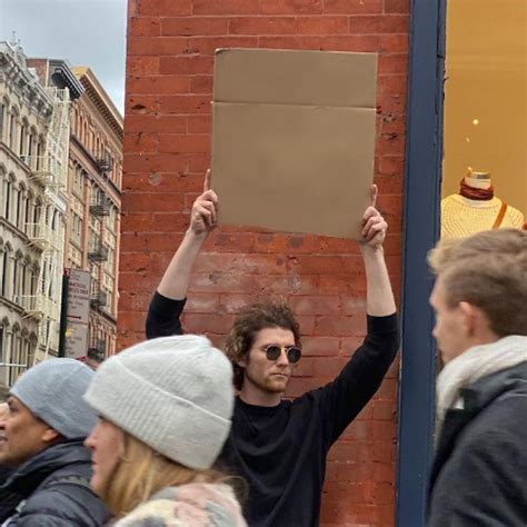 Sticker template meme panneau carton pancarte homme message protestation lunettes manifestation texte pancarte vide homme pancarte vide holding sign carton vide par risibot