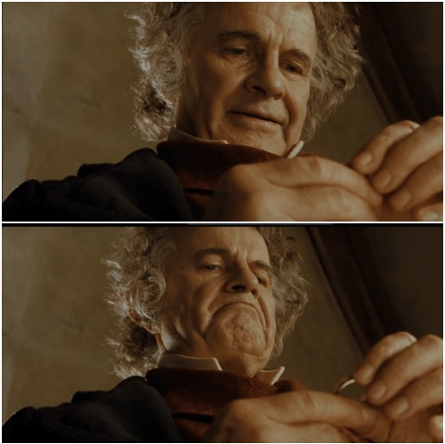 Sticker template meme bilbo seigneur des anneaux hobbit anneau precieux lotr ian holm tentation avidite possession gollum pourquoi ne pas le garder tentation de l anneau par risibot