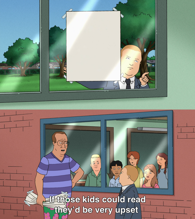 Sticker template meme king of the hill hank bobby enfants lire panneau feuille colere enfants tristes ecole fenetre hank hill bobby hill par risibot