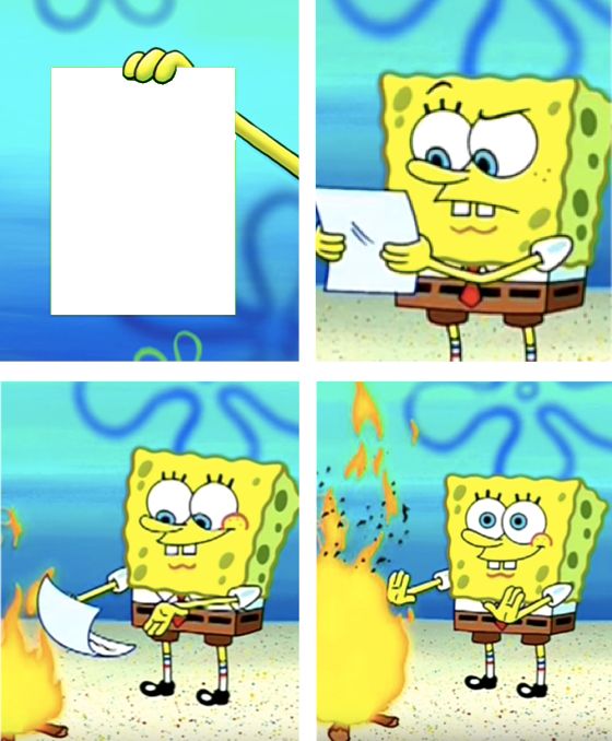 Sticker template meme bobleponge feu bruler papier feuille brule detruire destruction lettre rejet reaction humour par risibot