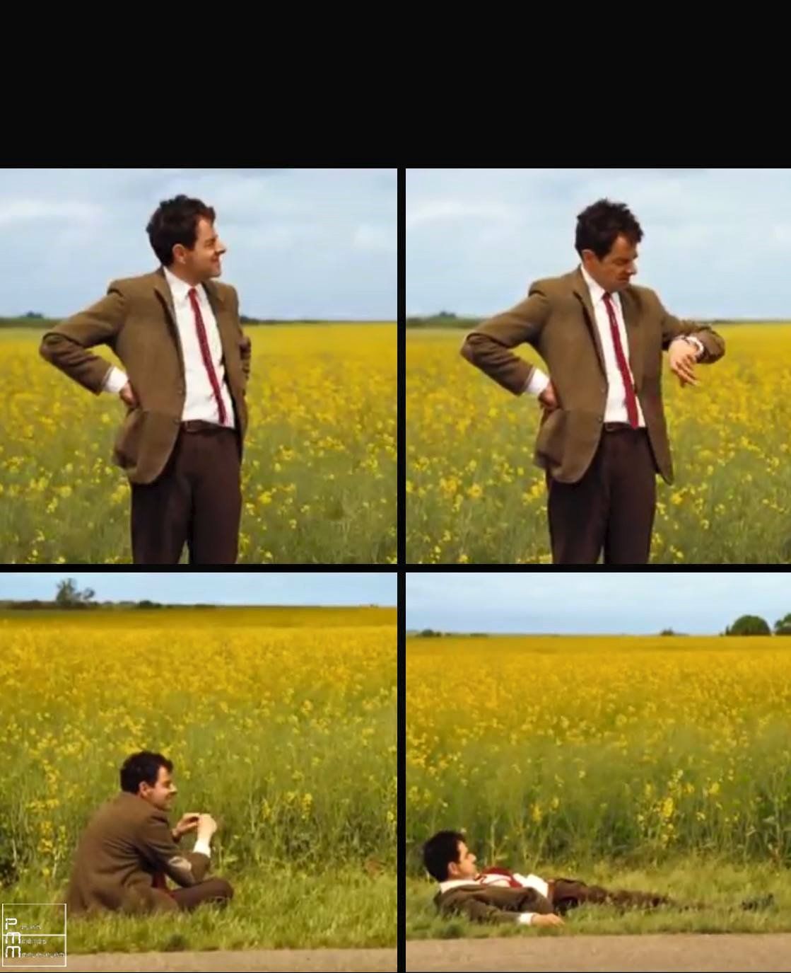 Sticker template meme mr bean attente attendre ennui champ fleurs montre allonge patience longtemps reaction humour par risibot