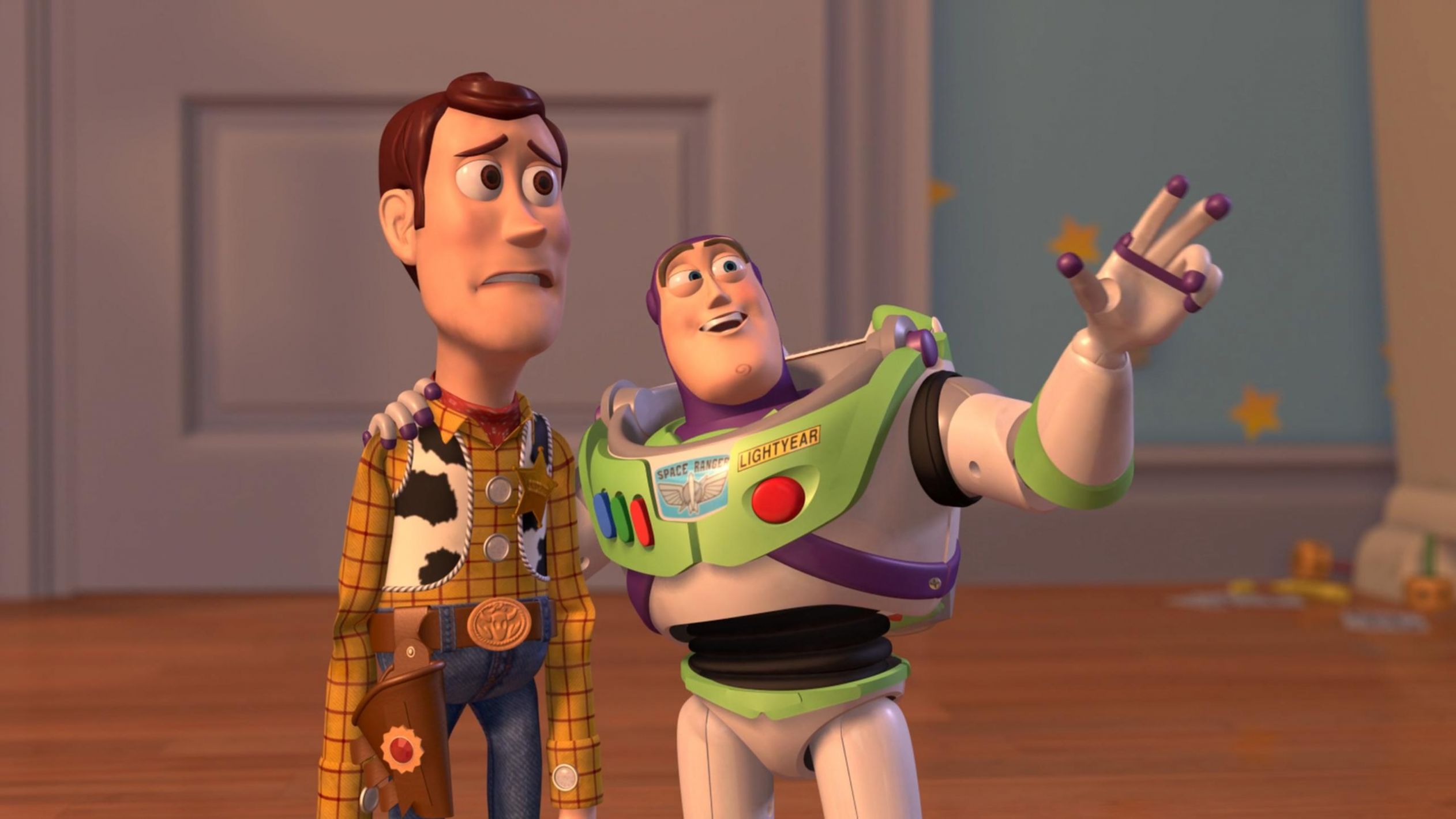 Sticker template meme toy story woody buzz partout everywhere lightyear vers l infini explication constat reaction humour drole par risibot